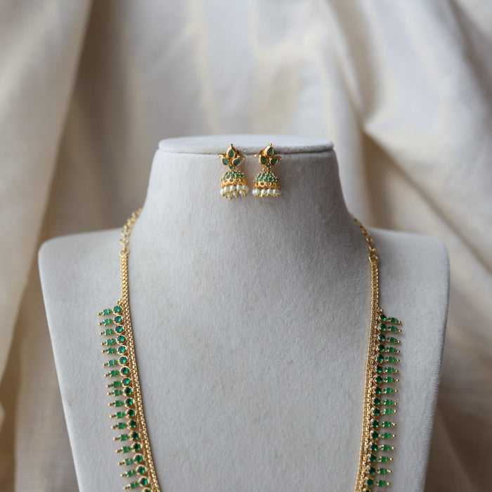 Heritage gold plated green stone long necklace with earrings  HL98991