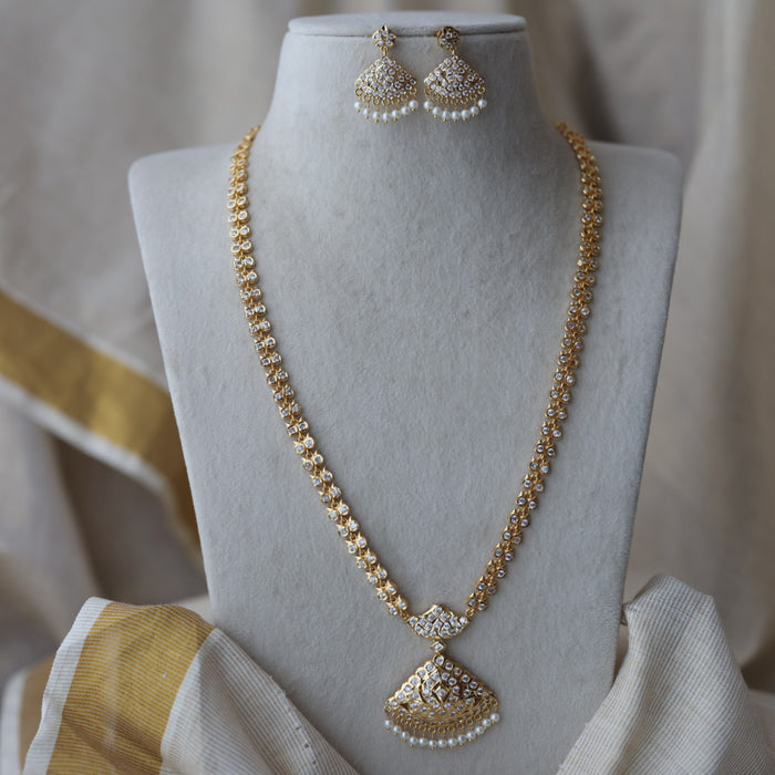 Heritage gold plated white stone long necklace with earrings HL8991
