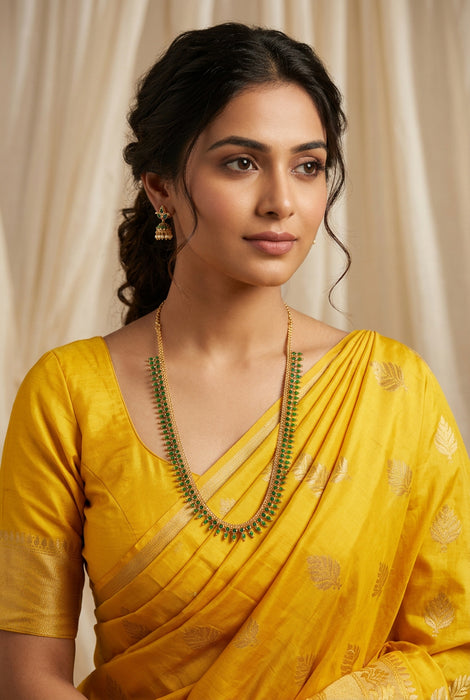 Heritage gold plated green stone long necklace with earrings  HL98991