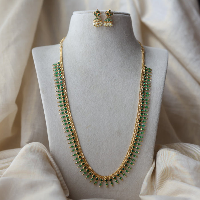Heritage gold plated green stone long necklace with earrings  HL98991