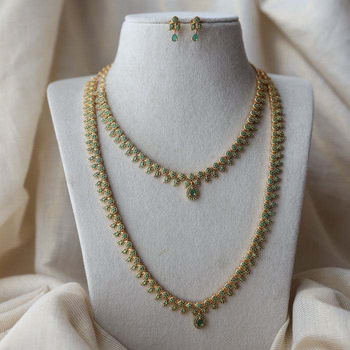 Heritage gold plated green stone mango long necklace with earrings  HLS8023