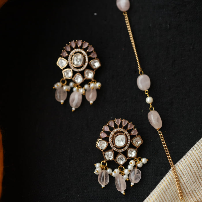 Minimal kundan pink bead long necklace with earrings MS324