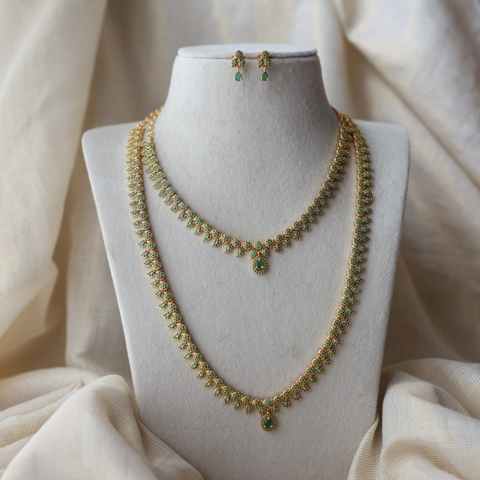 Heritage gold plated green stone mango long necklace with earrings  HLS8023
