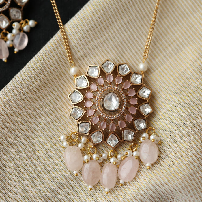 Minimal kundan pink bead long necklace with earrings MS324