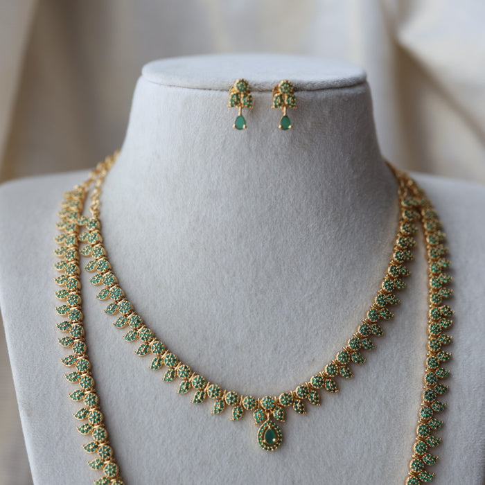 Heritage gold plated green stone mango long necklace with earrings  HLS8023