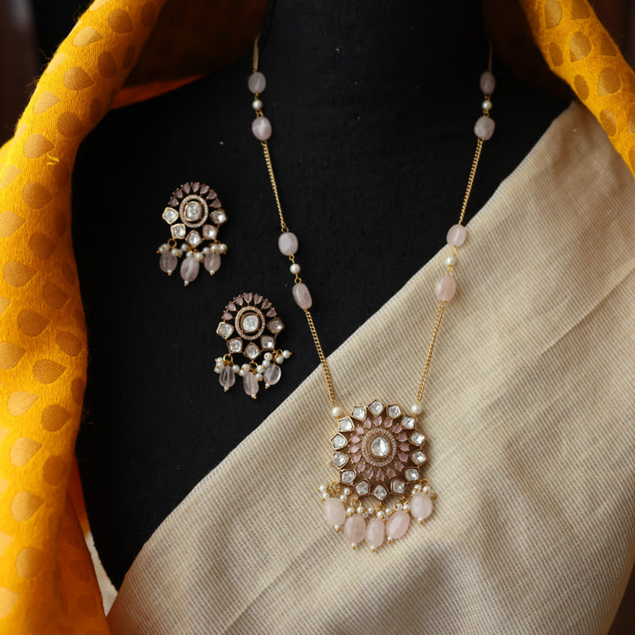 Minimal kundan pink bead long necklace with earrings MS324