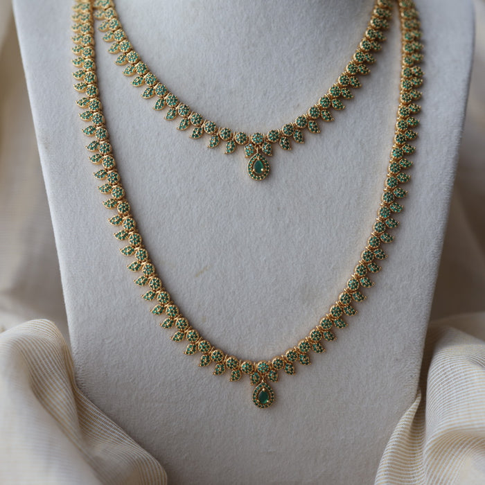 Heritage gold plated green stone mango long necklace with earrings  HLS8023