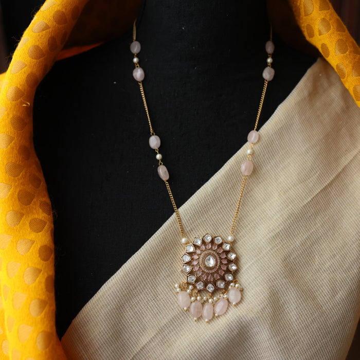 Minimal kundan pink bead long necklace with earrings MS324