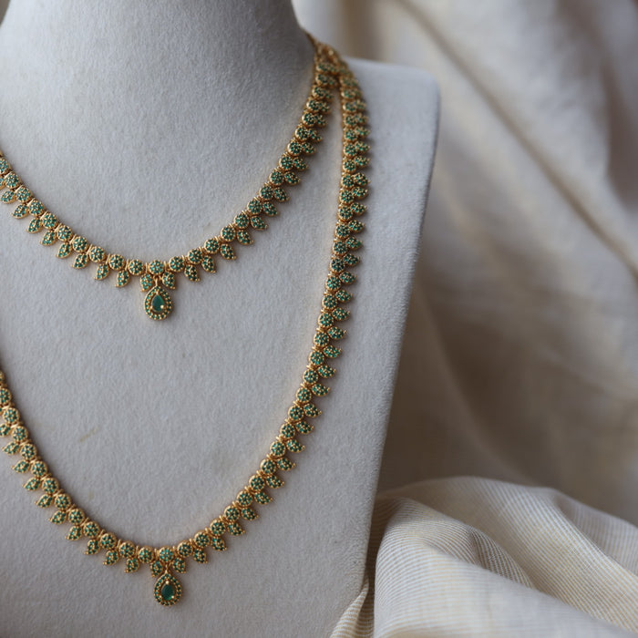Heritage gold plated green stone mango long necklace with earrings  HLS8023