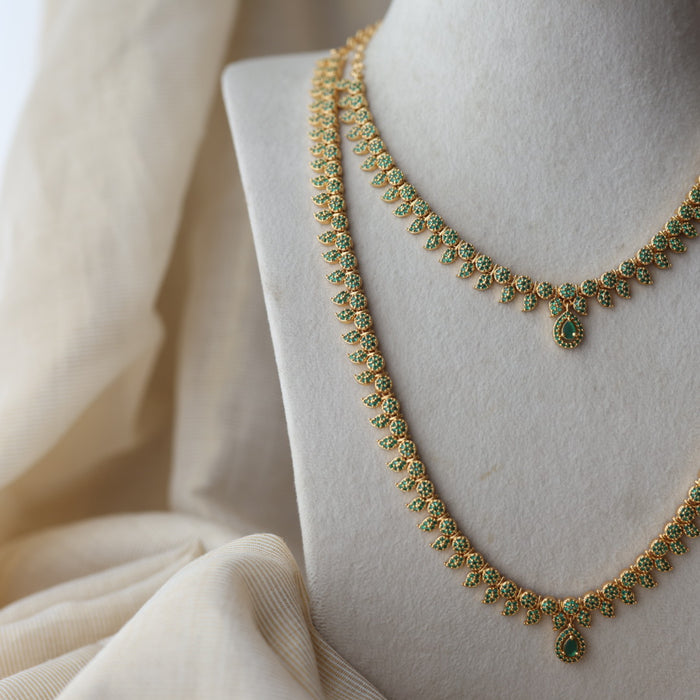 Heritage gold plated green stone mango long necklace with earrings  HLS8023