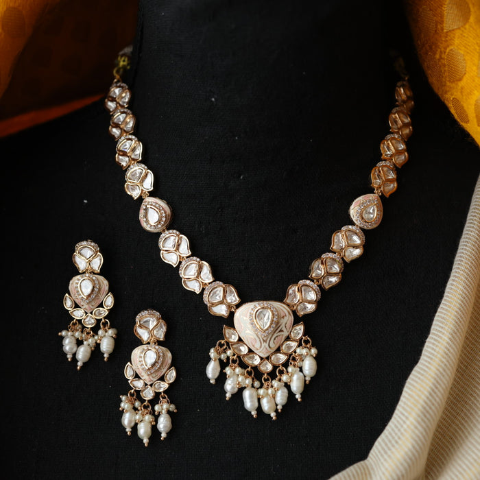 Minimal kundan pink stone short necklace with earrings MS3249