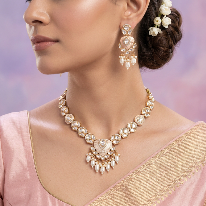 Minimal kundan pink stone short necklace with earrings MS3249