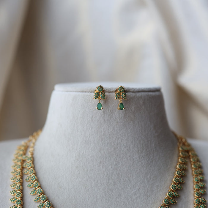 Heritage gold plated green stone mango long necklace with earrings  HLS8023
