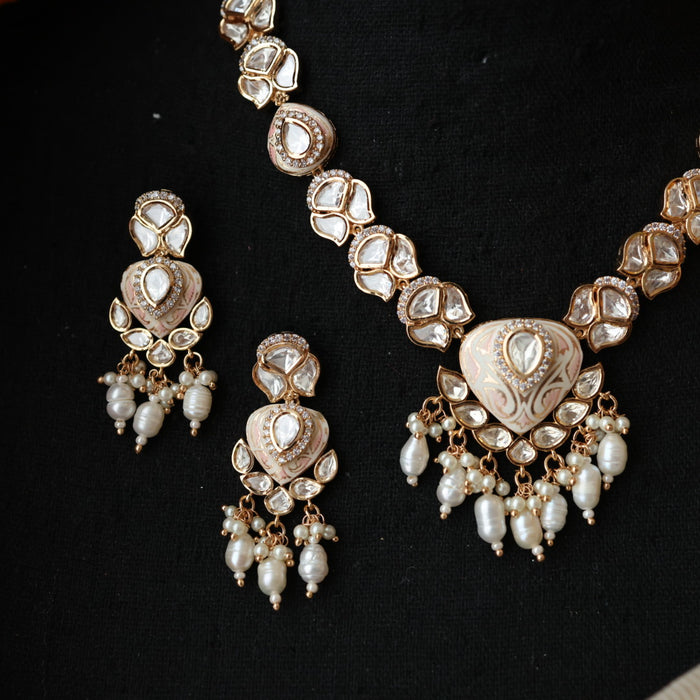 Minimal kundan pink stone short necklace with earrings MS3249