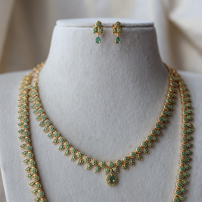 Heritage gold plated green stone mango long necklace with earrings  HLS8023