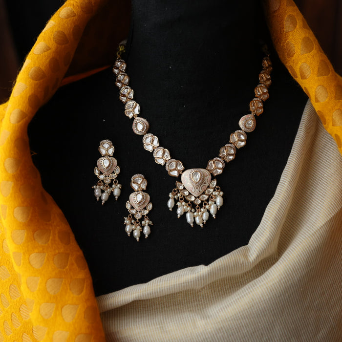 Minimal kundan pink stone short necklace with earrings MS3249