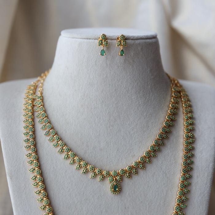 Heritage gold plated green stone mango long necklace with earrings  HLS8023