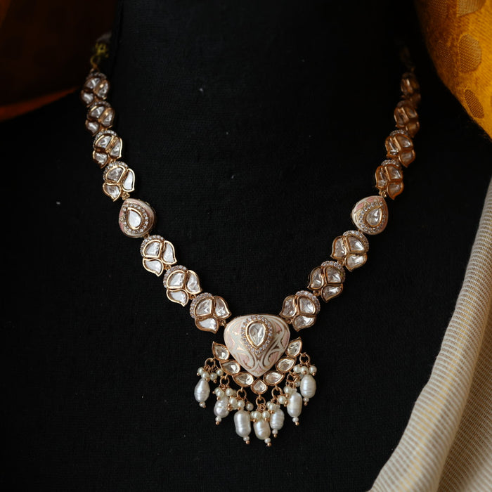 Minimal kundan pink stone short necklace with earrings MS3249