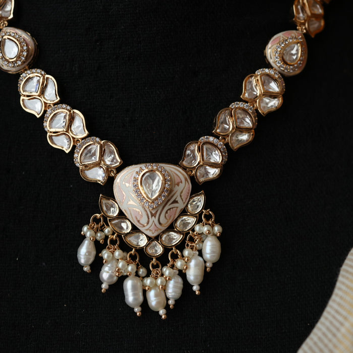 Minimal kundan pink stone short necklace with earrings MS3249
