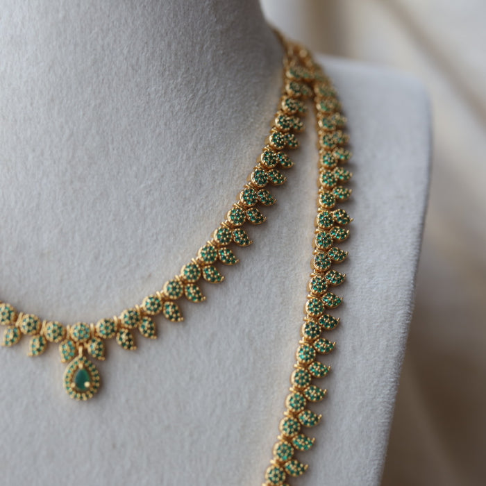 Heritage gold plated green stone mango long necklace with earrings  HLS8023