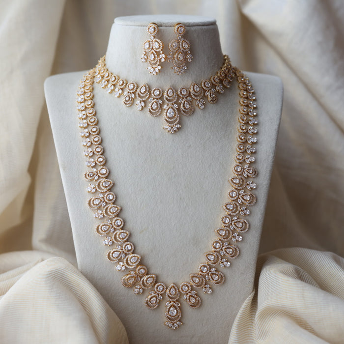Heritage gold plated white stone long necklace with earrings  HLS893