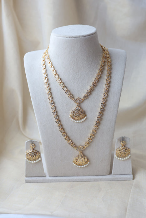 Heritage gold plated white stone long and short necklace with earrings HLS1131