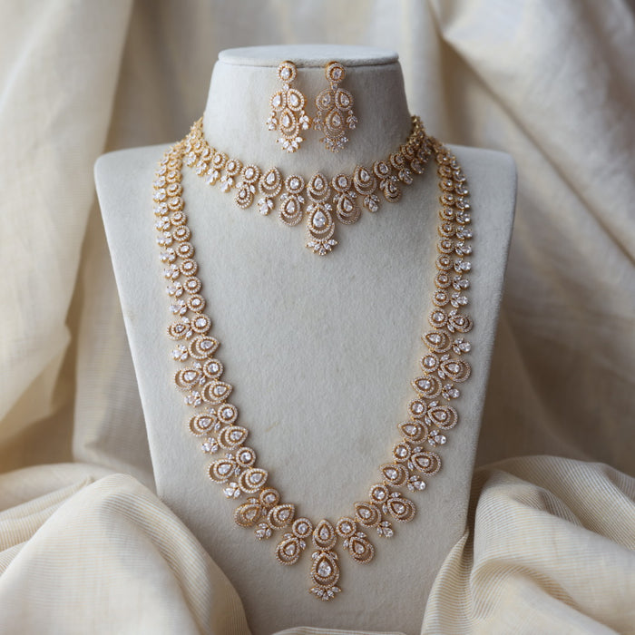 Heritage gold plated white stone long necklace with earrings  HLS893