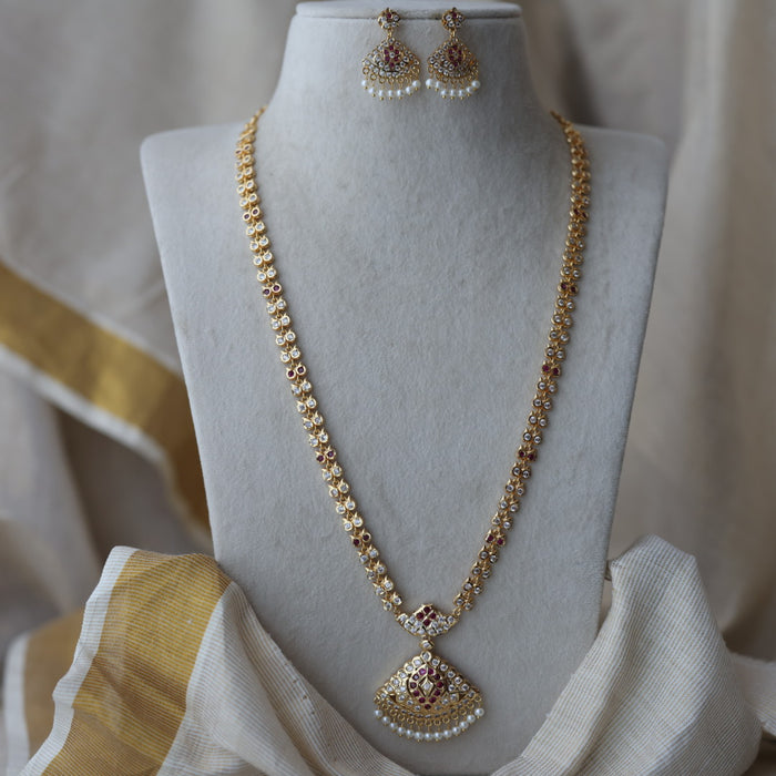 Heritage gold plated ruby white stone long necklace with earrings HL8232