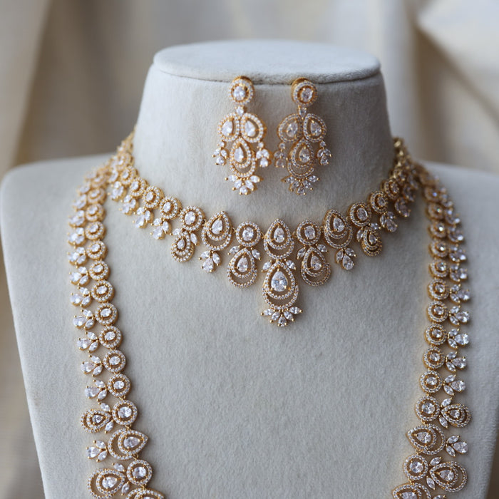 Heritage gold plated white stone long necklace with earrings  HLS893