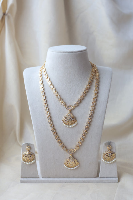 Heritage gold plated white stone long and short necklace with earrings HLS1131