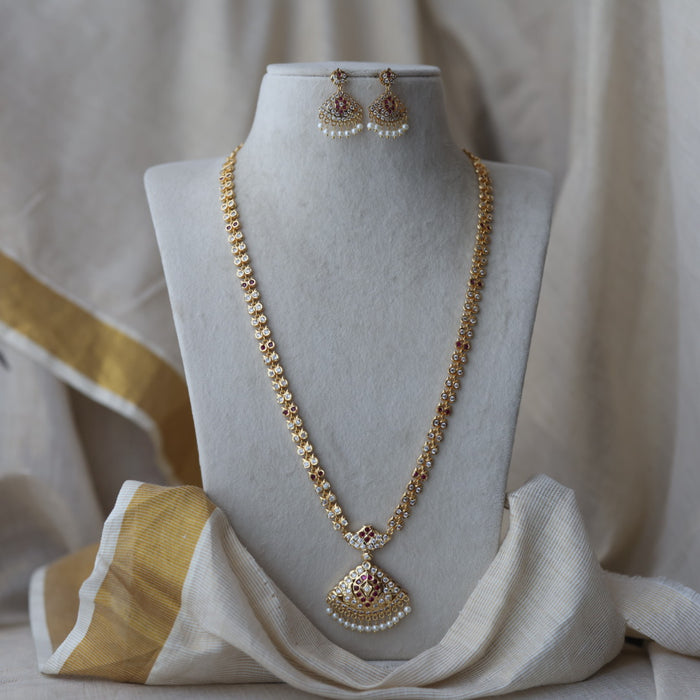 Heritage gold plated ruby white stone long necklace with earrings HL8232