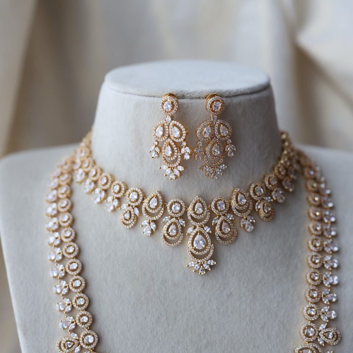 Heritage gold plated white stone long necklace with earrings  HLS893