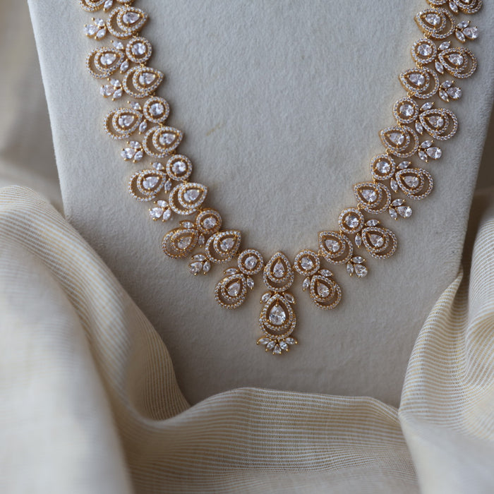 Heritage gold plated white stone long necklace with earrings  HLS893