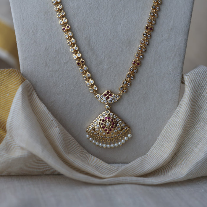 Heritage gold plated ruby white stone long necklace with earrings HL8232