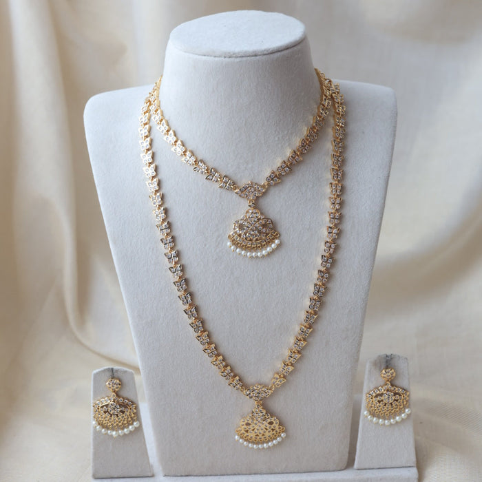 Heritage gold plated white stone long and short necklace with earrings HLS1131