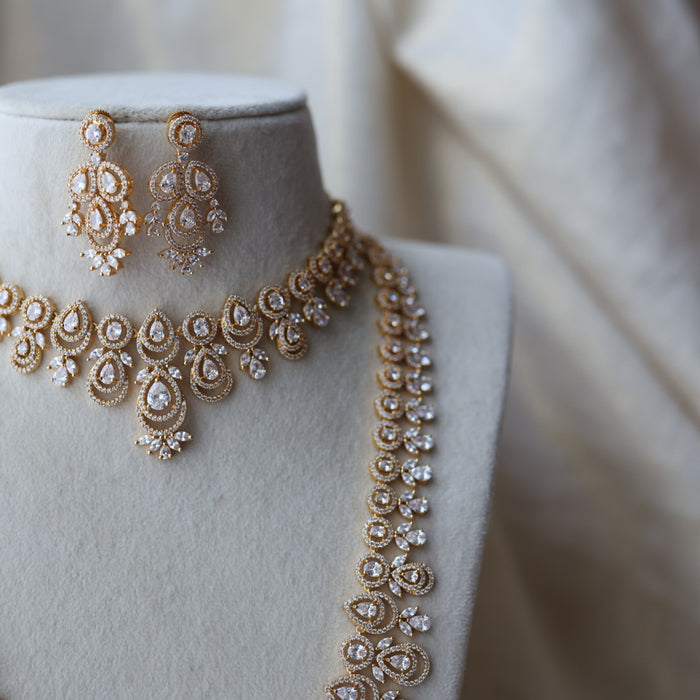 Heritage gold plated white stone long necklace with earrings  HLS893