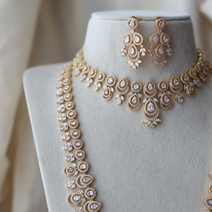 Heritage gold plated white stone long necklace with earrings  HLS893