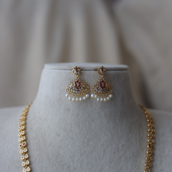 Heritage gold plated ruby white stone long necklace with earrings HL8232