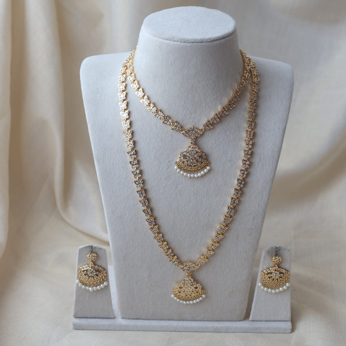 Heritage gold plated white stone long and short necklace with earrings HLS1131