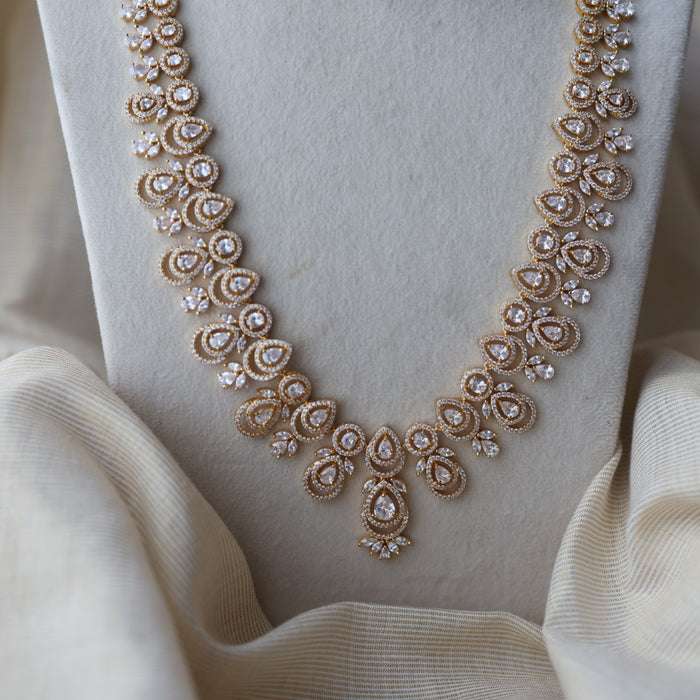 Heritage gold plated white stone long necklace with earrings  HLS893