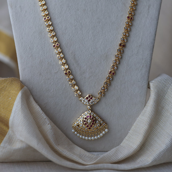 Heritage gold plated ruby white stone long necklace with earrings HL8232