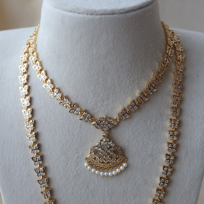Heritage gold plated white stone long and short necklace with earrings HLS1131