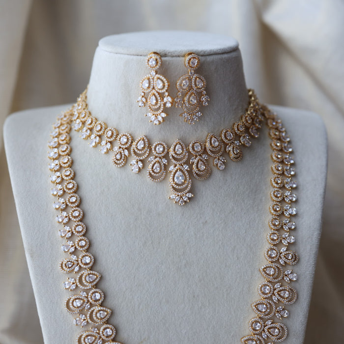 Heritage gold plated white stone long necklace with earrings  HLS893