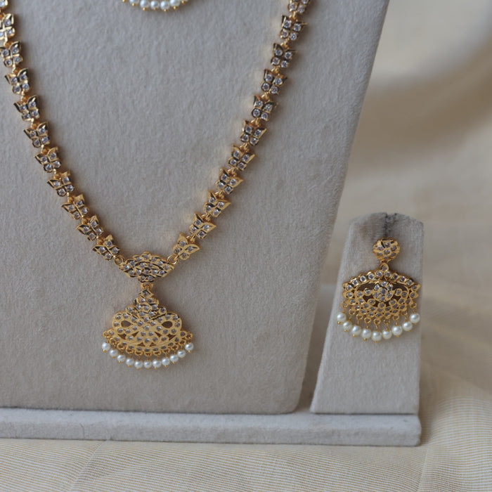 Heritage gold plated white stone long and short necklace with earrings HLS1131