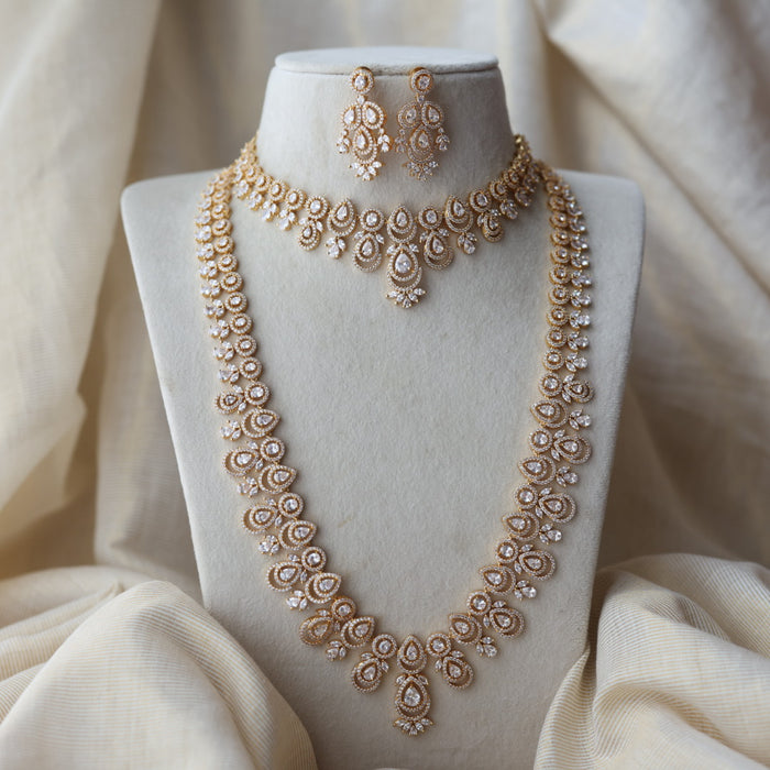 Heritage gold plated white stone long necklace with earrings  HLS893