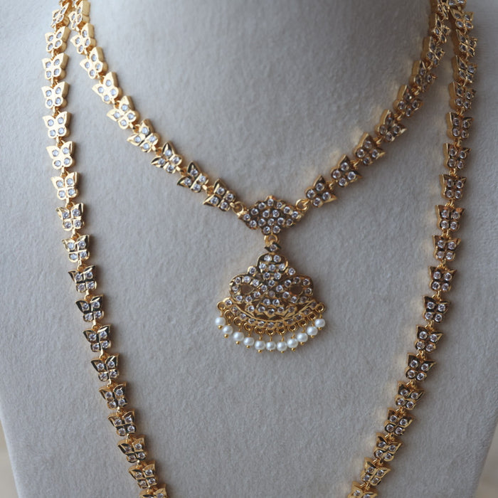 Heritage gold plated white stone long and short necklace with earrings HLS1131