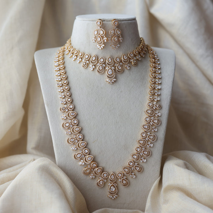 Heritage gold plated white stone long necklace with earrings  HLS893
