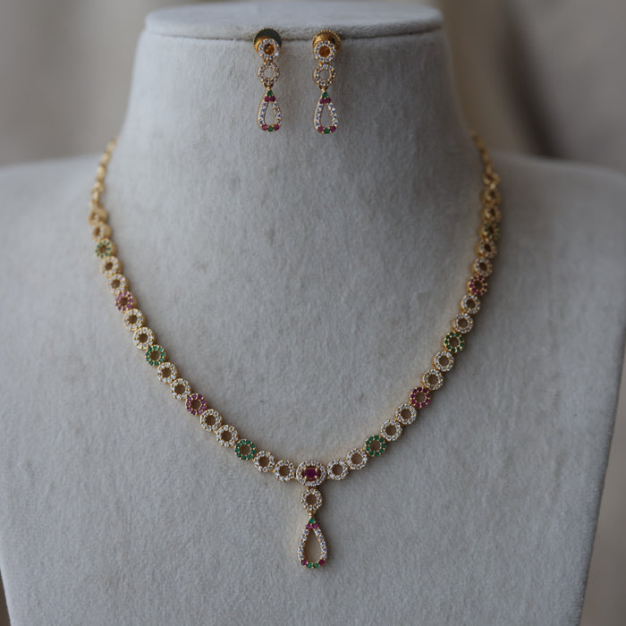 Heritage gold plated ruby white white stone short necklace with earrings H8983