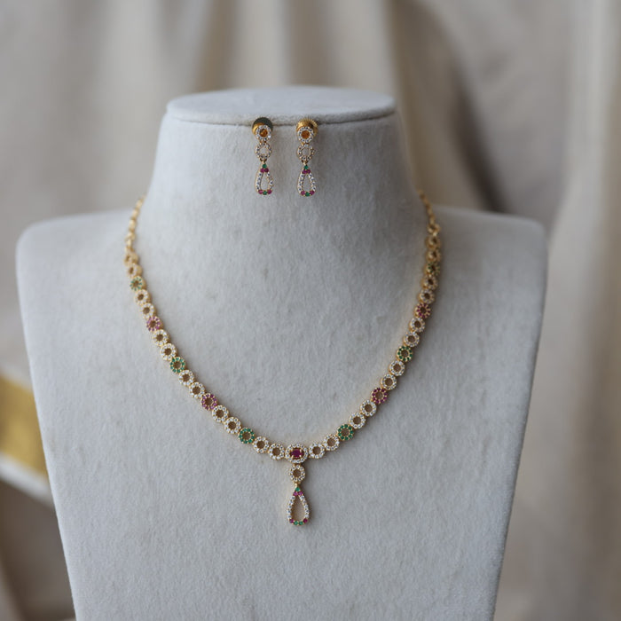 Heritage gold plated ruby white white stone short necklace with earrings H8983