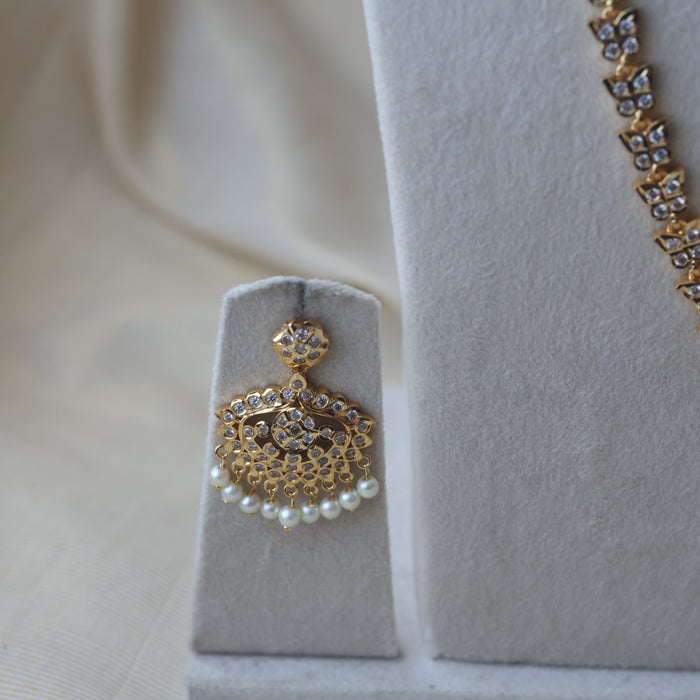 Heritage gold plated white stone long and short necklace with earrings HLS1131
